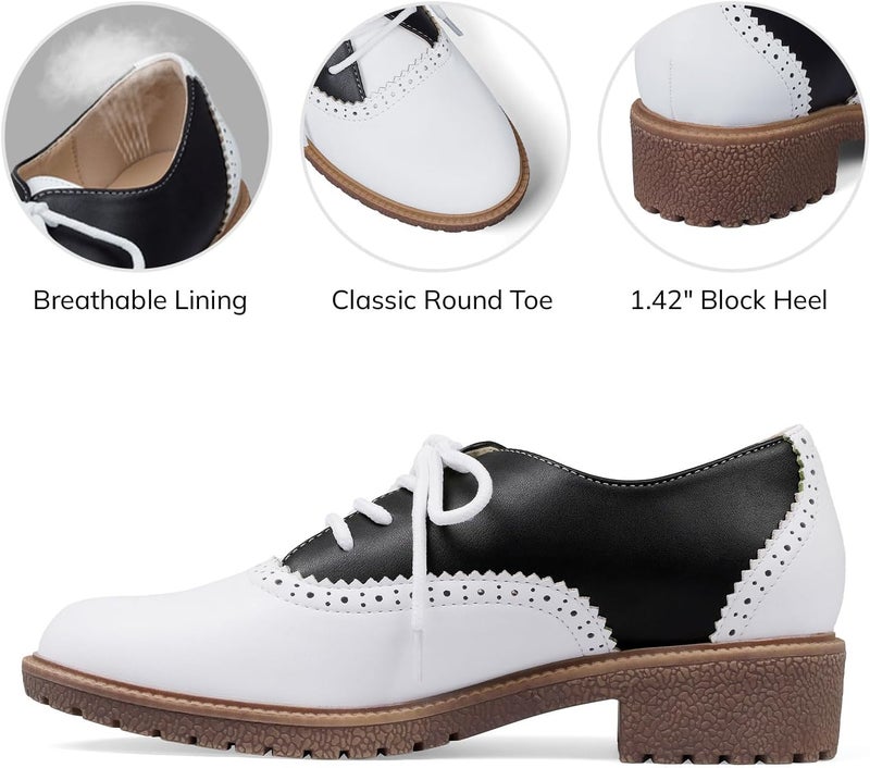 mikarka Vintage Oxford Shoes for Women Perforated Wingtips Brogue Oxfords Low Chunky Heel Lace Up Saddles Dress Pumps Shoes - Image 4